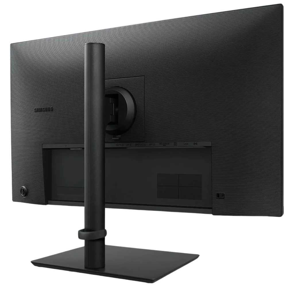 Parte trasera del monitor Samsung Essential S4 S43UF 27 pulgadas UFHD 5 ms con soporte ajustable, base cuadrada y acabado