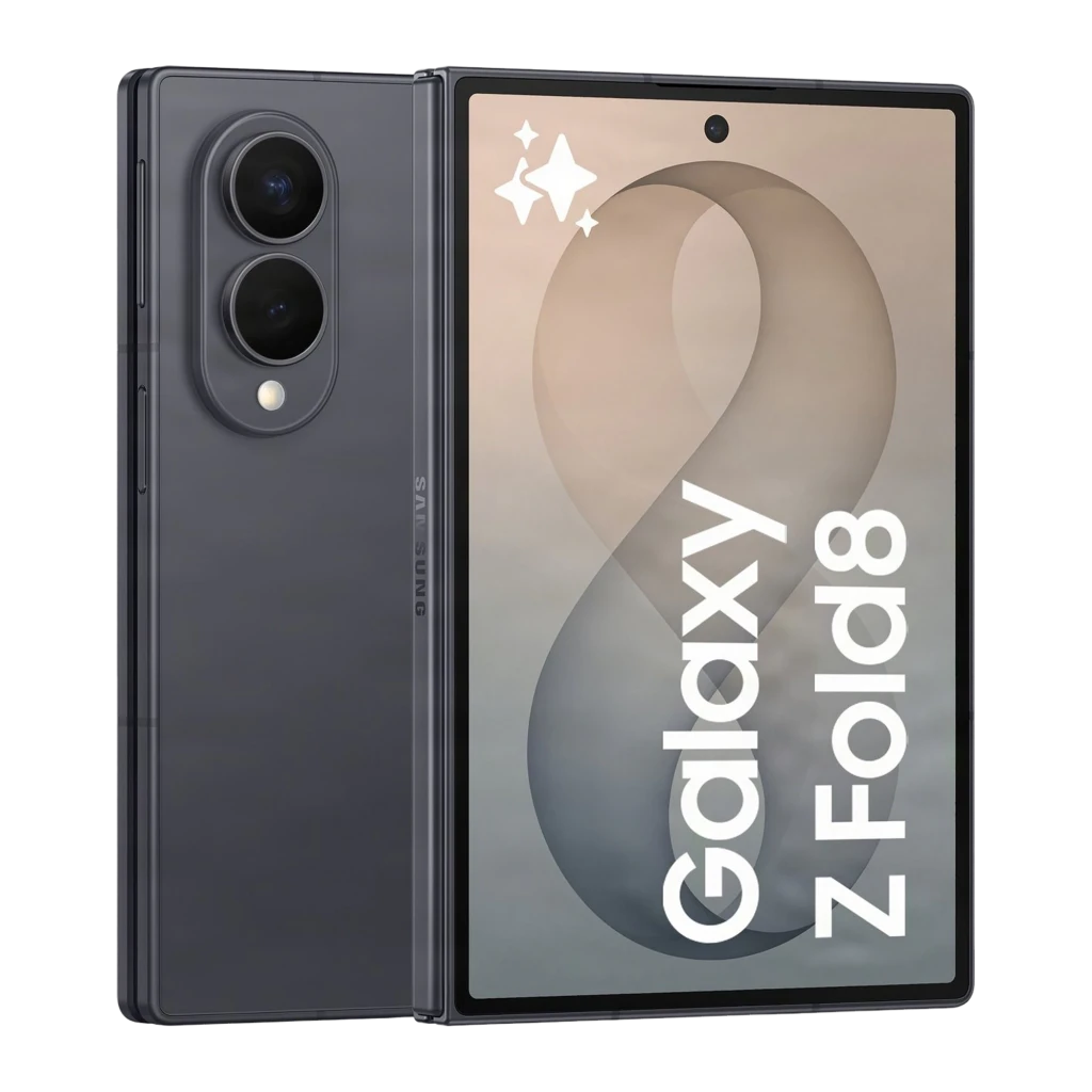 Samsung Galaxy Z Fold8 512GB Grafito, vista frontal y trasera: plegado en ángulo, pantalla con logo y módulo de cámaras