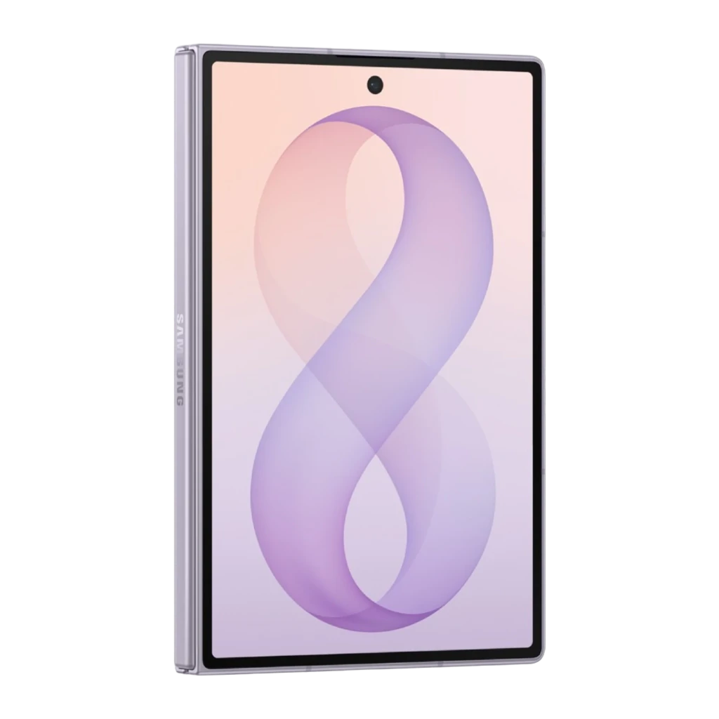 Samsung Galaxy Z Fold8 512GB púrpura, vista frontal en ángulo: pantalla encendida con fondo degradado lila y logo Samsung en