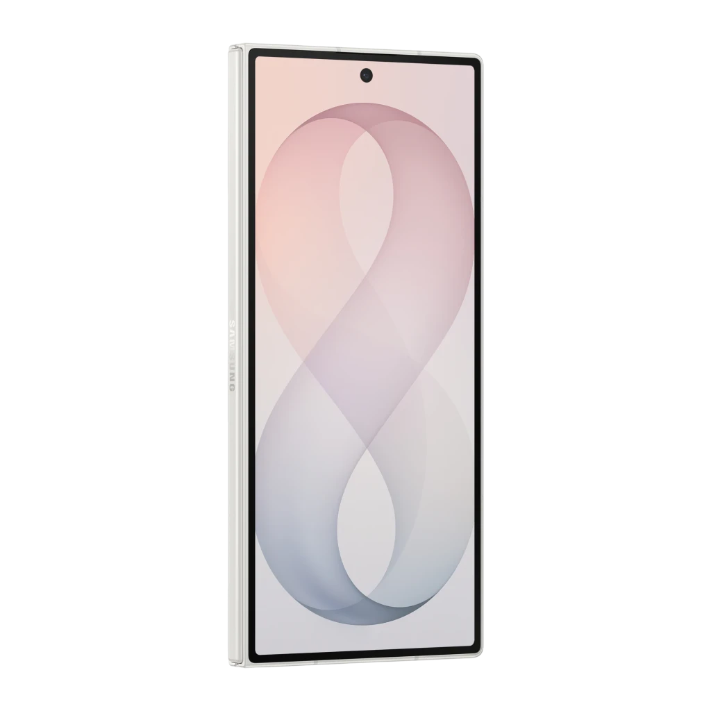 Samsung Galaxy Z Fold8 Ultra 512GB Crema, vista frontal en ángulo: pantalla encendida con fondo degradado rosa y marco crema