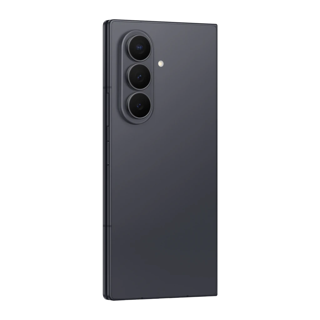 Samsung Galaxy Z Fold8 Ultra 512GB grafito, vista trasera en ángulo: plegable cerrado, módulo de triple cámara en primer