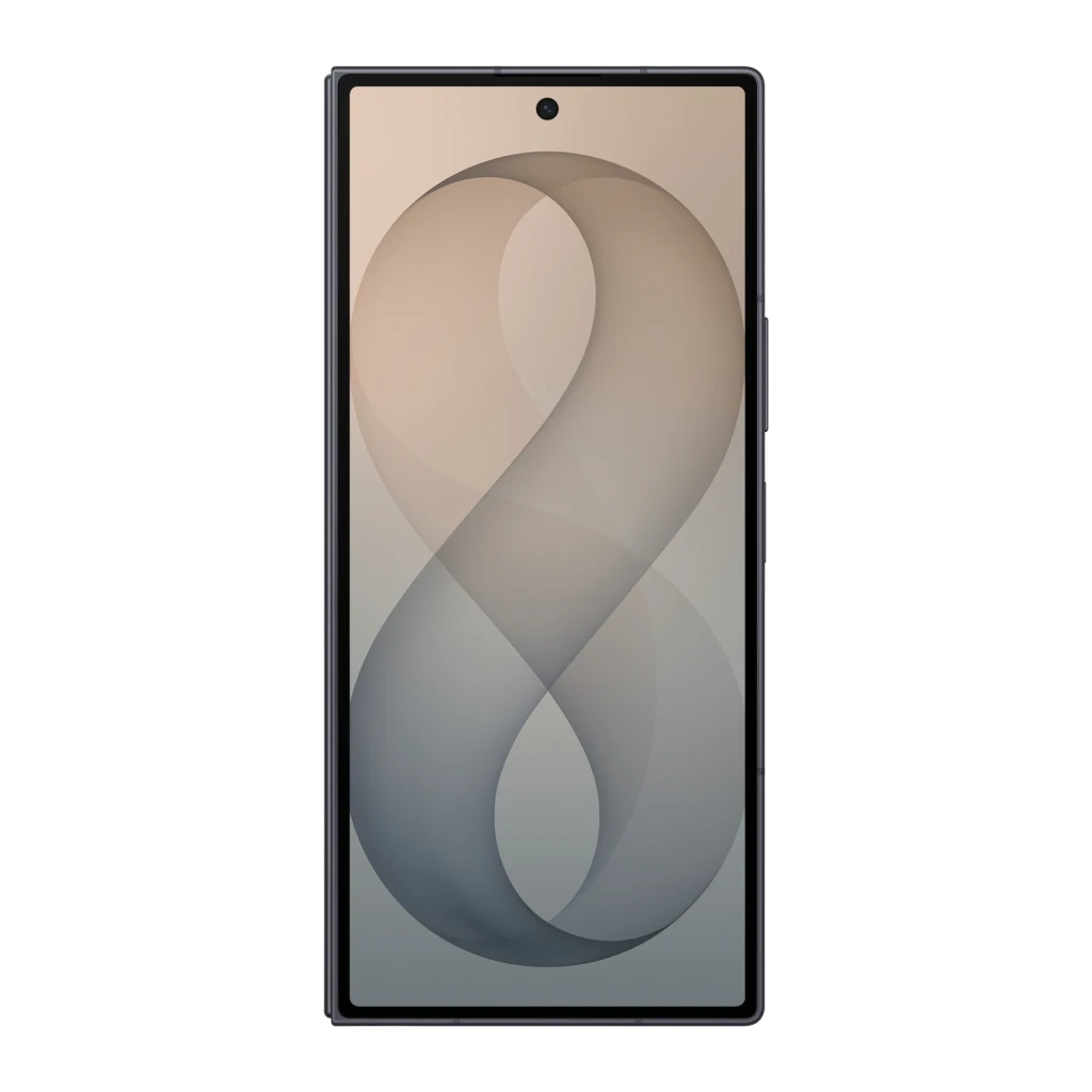 Samsung Galaxy Z Fold8 Ultra 512GB Grafito, vista frontal: pantalla exterior encendida con fondo degradado beige-gris y