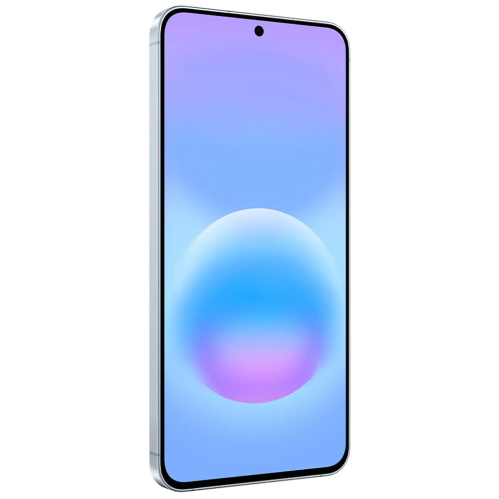 Samsung Galaxy A57 5G azul con pantalla sin bordes, agujero central para cámara frontal y bordes planos plateados; brillo