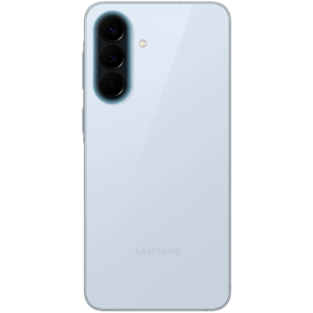 Parte trasera del Samsung Galaxy A57 5G azul, acabado brillante, módulo triple de cámaras vertical con bordes redondeados y