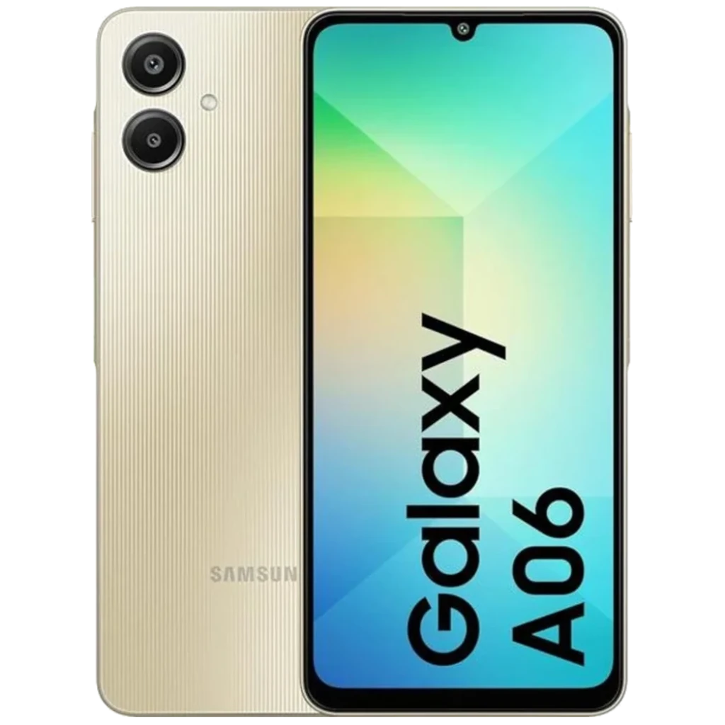 Samsung Galaxy A06 4G dorado con pantalla grande de biseles finos, notch en V, doble cámara trasera vertical y tapa