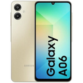 Samsung Galaxy A06 4G dorado con pantalla grande de biseles finos, notch en V, doble cámara trasera vertical y tapa