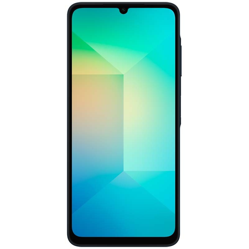 Samsung Galaxy A06 4G dorado, pantalla grande con notch en gota, bordes delgados y marco negro; frontal encendido con