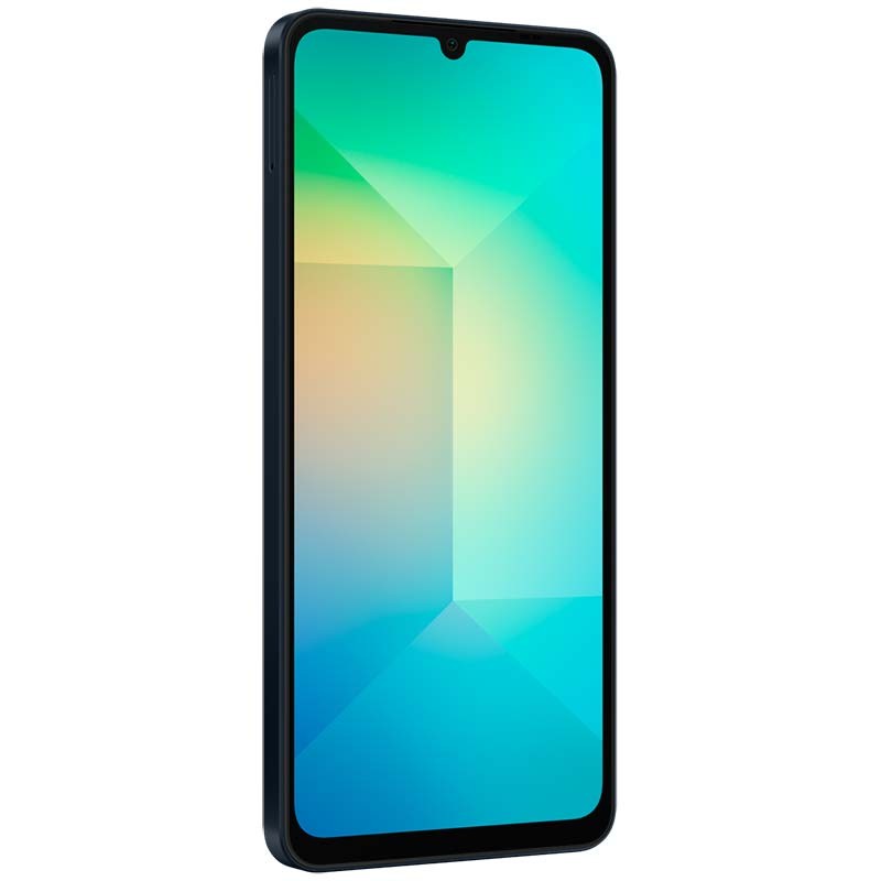 Samsung Galaxy A06 4G dorado con pantalla grande de bordes delgados, gota para la cámara frontal y marco negro delgado; 4GB
