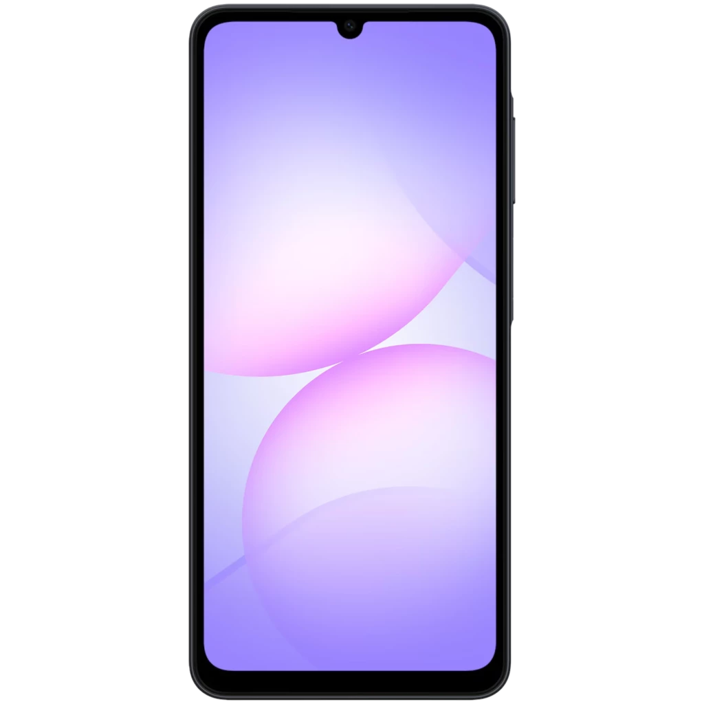 Samsung Galaxy A07 4G negro con pantalla PLS LCD HD+ de bordes delgados y notch en gota; frontal completo, diseño estilizado