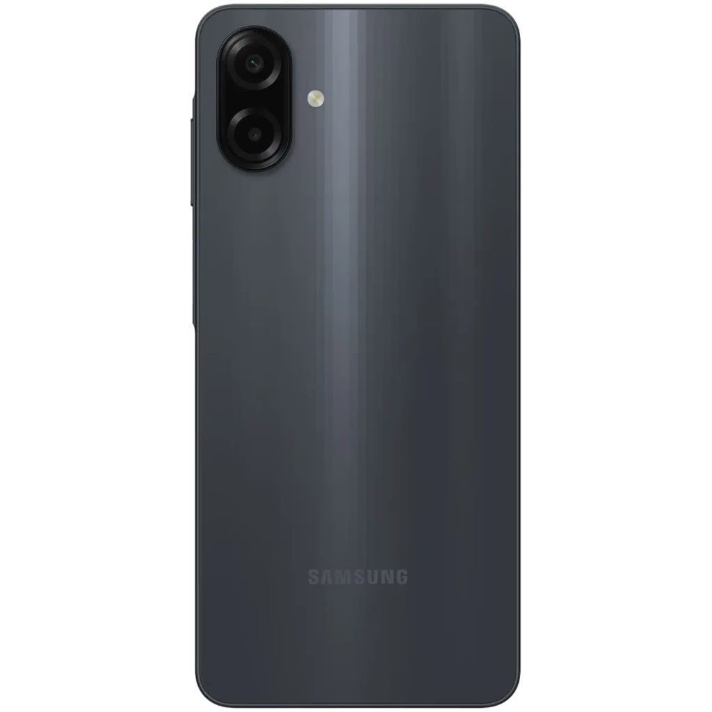 Samsung Galaxy A07 4G negro con tapa trasera brillante, doble cámara vertical con flash, bordes curvos y acabado pulido
