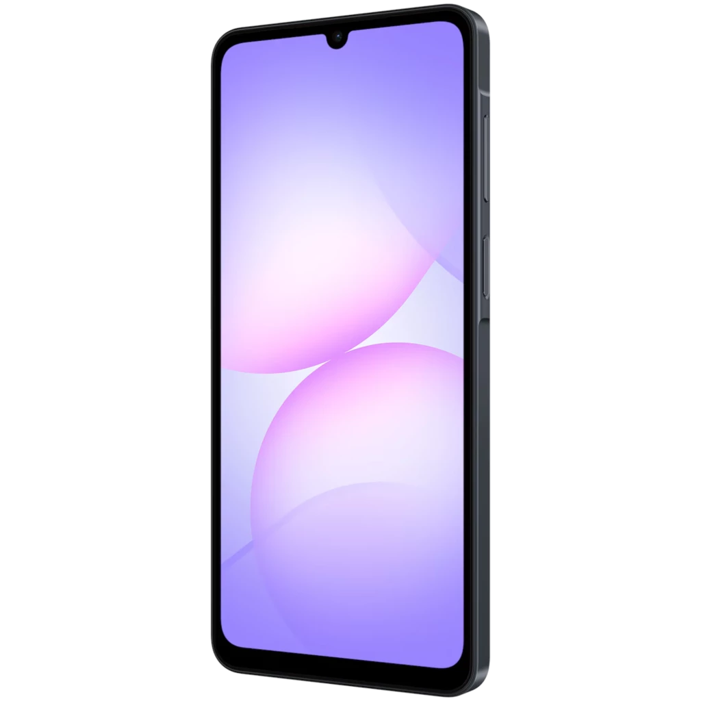 Samsung Galaxy A07 4G negro con pantalla PLS LCD HD+ de bordes finos y notch en V, marco delgado y botones laterales visibles