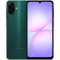 Smartphone verde con pantalla amplia de bordes finos y notch en gota, doble cámara trasera vertical con flash, acabado