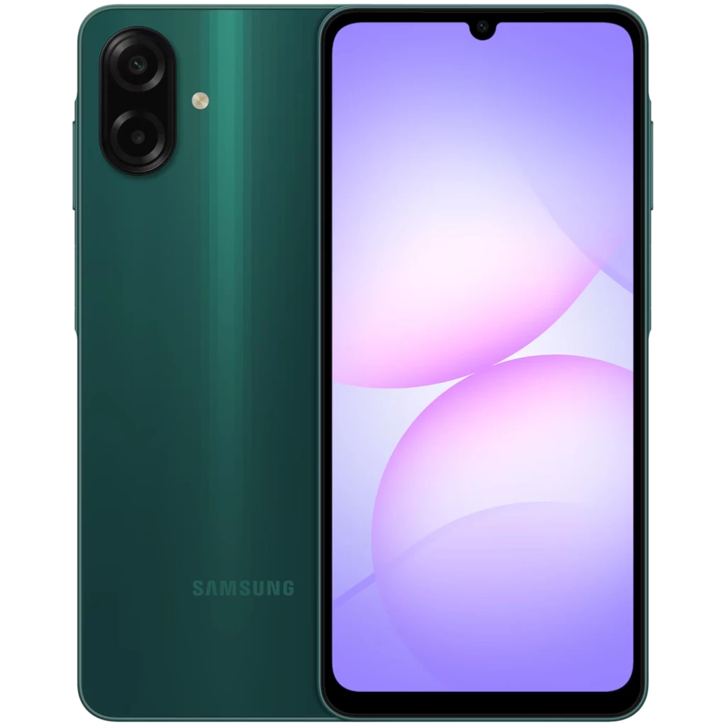 Smartphone verde con pantalla amplia de bordes finos y notch en gota, doble cámara trasera vertical con flash, acabado