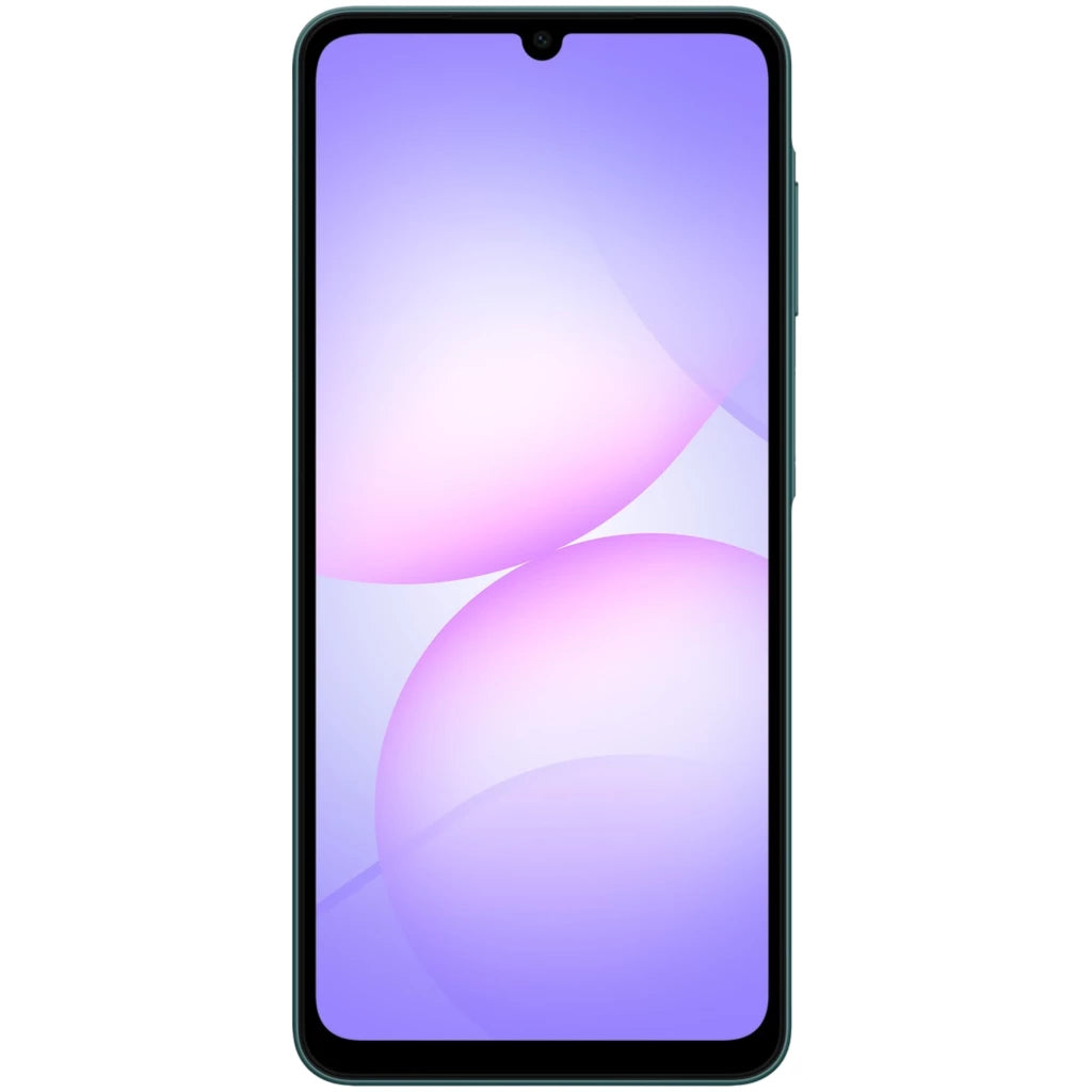 Frontal del Samsung Galaxy A07 4G en verde con pantalla amplia sin marcos, notch en gota centrado y bordes delgados; diseño