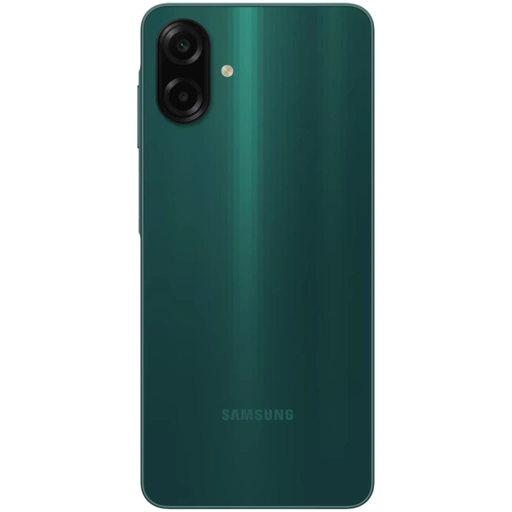 Samsung Galaxy A07 verde con acabado brillante, cámara dual vertical con flash, bordes curvos y logo Samsung centrado en la