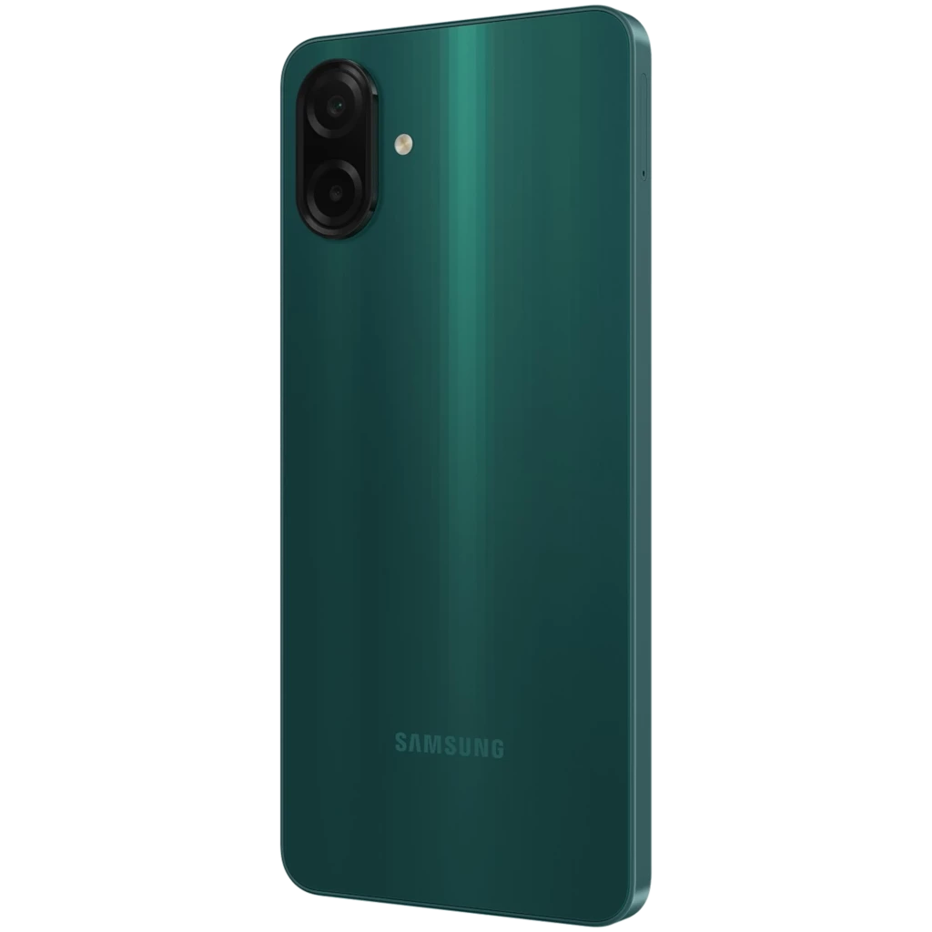 Parte trasera verde brillante con acabado metálico, módulo de doble cámara vertical con flash y logo Samsung centrado; bordes