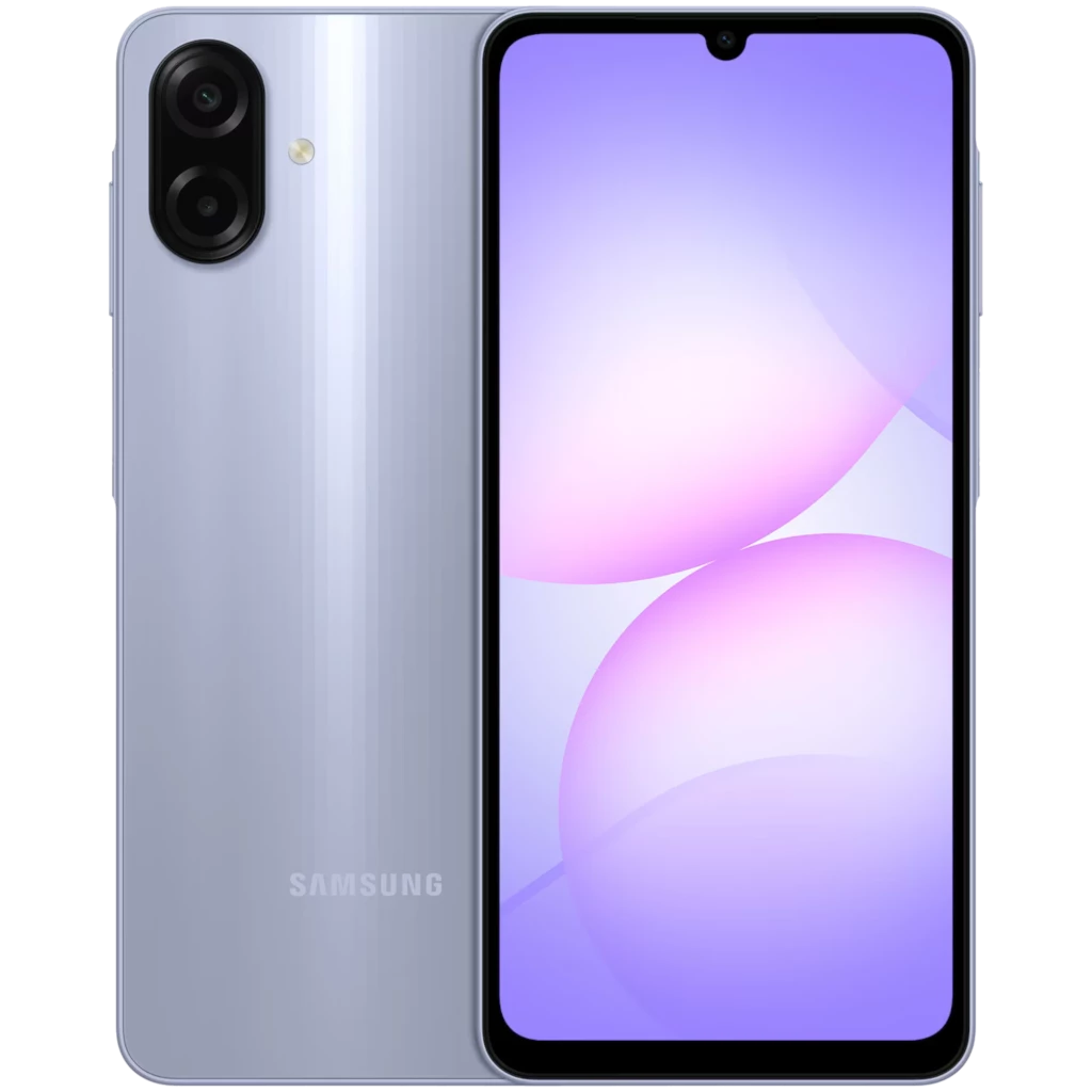 Samsung Galaxy A07 4G violeta con pantalla amplia sin marcos, notch en gota y doble cámara trasera vertical; diseño brillante
