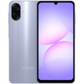 Samsung Galaxy A07 4G violeta con pantalla amplia sin bordes, notch en gota y doble cámara trasera vertical; diseño brillante