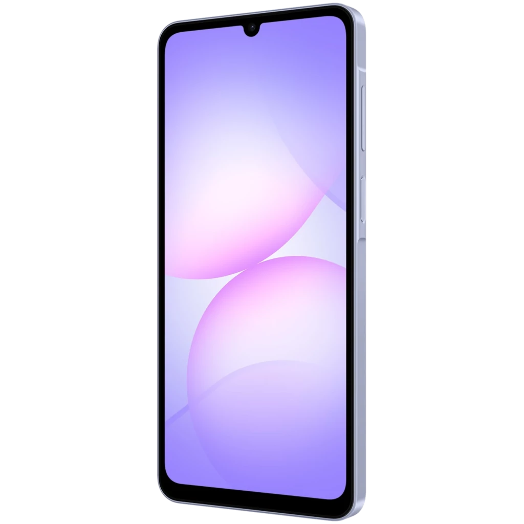 Samsung Galaxy A07 4G violeta con pantalla amplia sin bordes, notch en gota y marco lateral con botones de volumen y