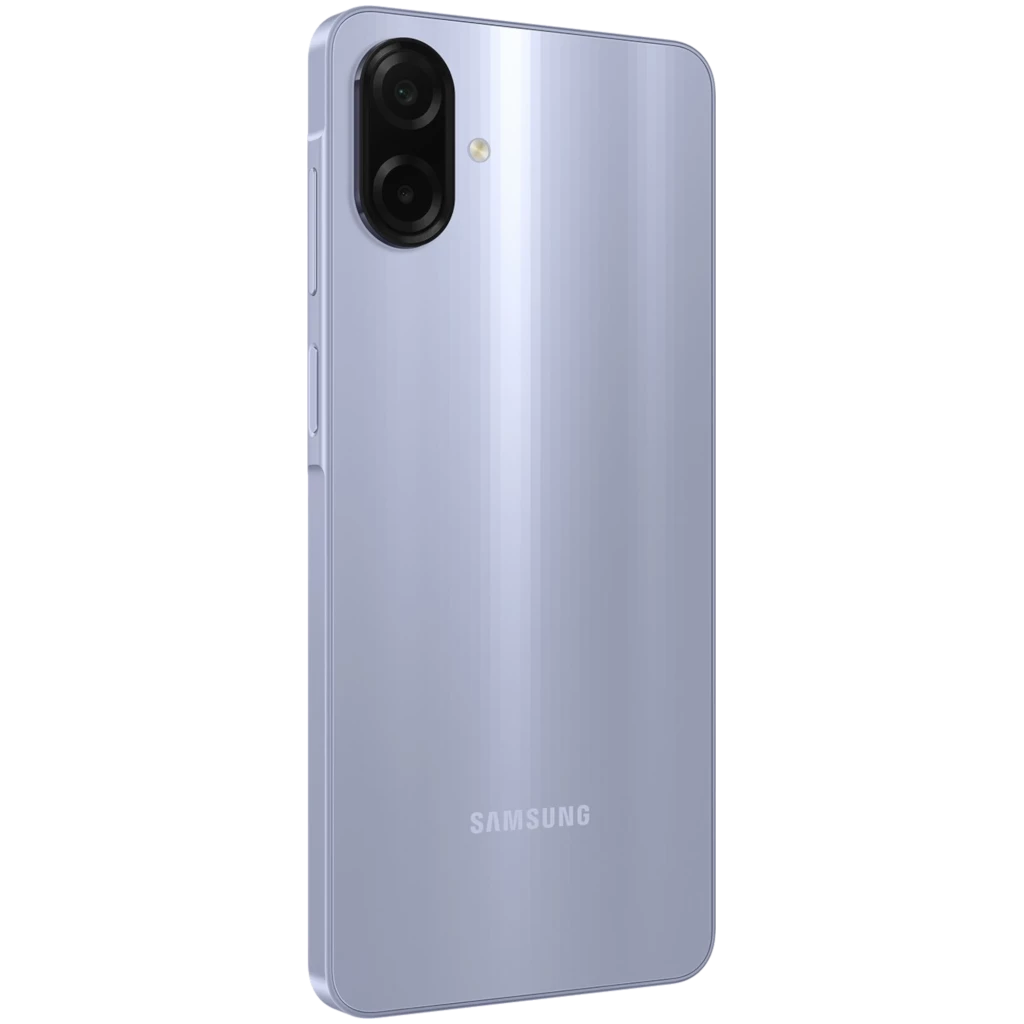 Samsung Galaxy A07 4G violeta con acabado brillante, doble cámara trasera vertical con flash, bordes planos y logo Samsung en