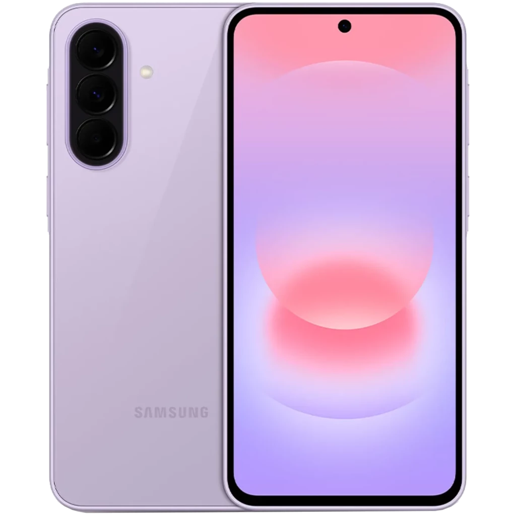 Samsung Galaxy A37 5G lavanda con pantalla AMOLED plana y cámara triple vertical; frontal con biseles delgados y perforación