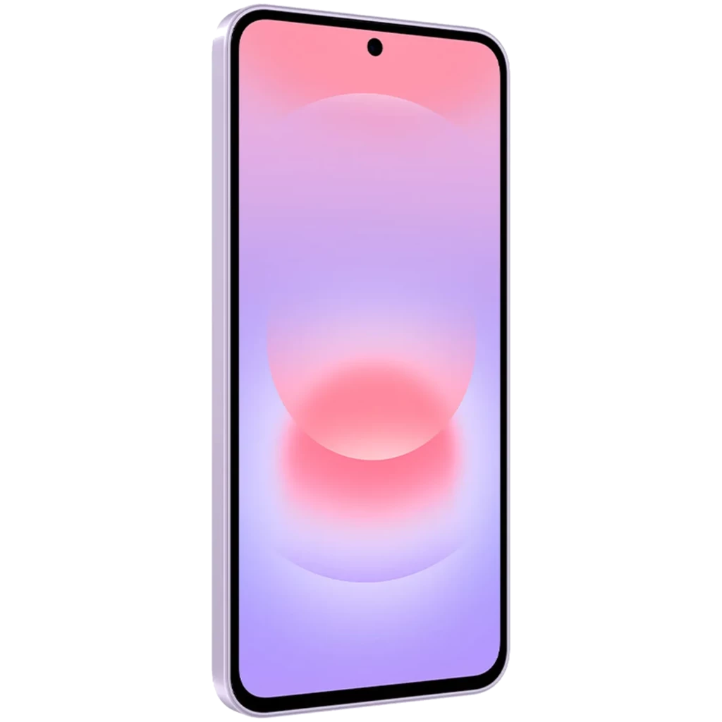 Samsung Galaxy A37 5G 128GB lavanda con pantalla AMOLED sin bordes, cámara frontal en orificio centrado, marco delgado color