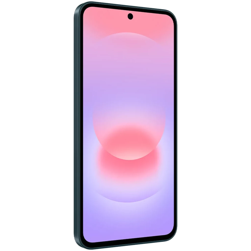 Samsung Galaxy A37 5G verde con pantalla borde a borde y cámara frontal en orificio central; laterales delgados y acabado