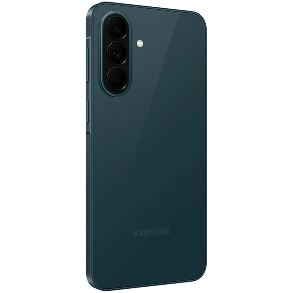 Smartphone verde oscuro con tres cámaras traseras alineadas en vertical y acabado brillante; bordes redondeados y diseño