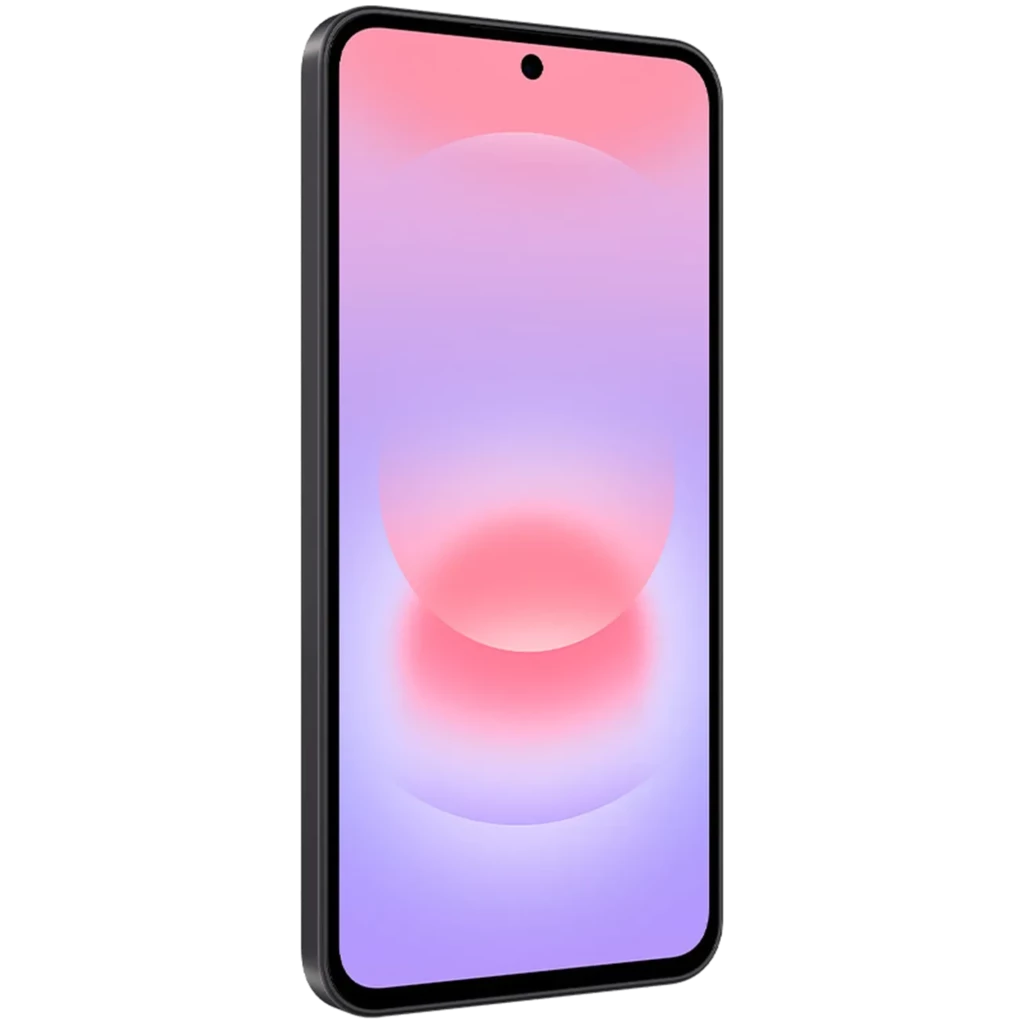 Samsung Galaxy A37 5G negro con pantalla de 6.6 pulgadas, borde fino y cámara frontal en orificio central; diseño elegante y