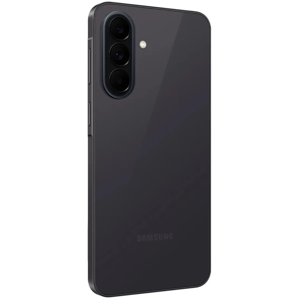 Samsung Galaxy A37 5G negro con triple cámara trasera vertical, acabado brillante y bordes curvos; módulo de lentes