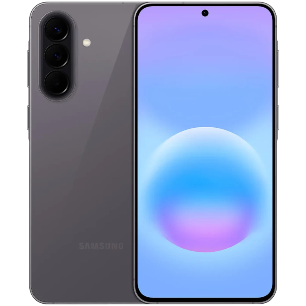 Samsung Galaxy A57 5G gris con pantalla de 6.6 pulgadas, triple cámara trasera con sensor principal de 50 MP, frontal en