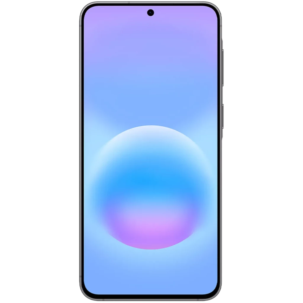 Samsung Galaxy A57 5G gris con pantalla de 6.6 pulgadas casi sin bordes, cámara frontal en orificio centrado y botones