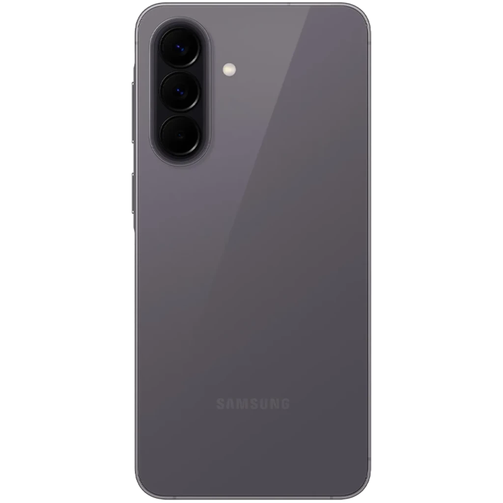 Samsung Galaxy A57 5G 128GB en gris con trasera lisa y triple cámara vertical con anillos negros, bordes redondeados y