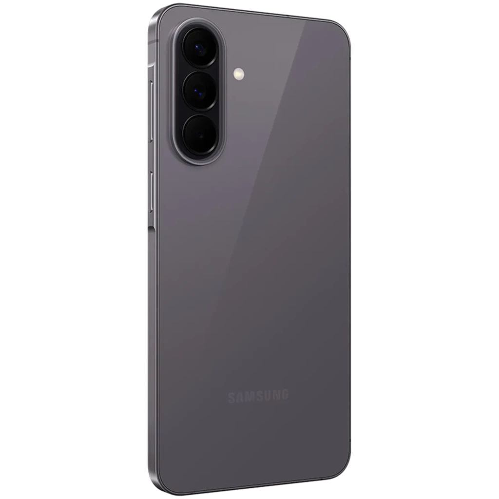 Smartphone gris con acabado brillante, triple cámara trasera vertical en módulo negro, bordes rectos y botones laterales