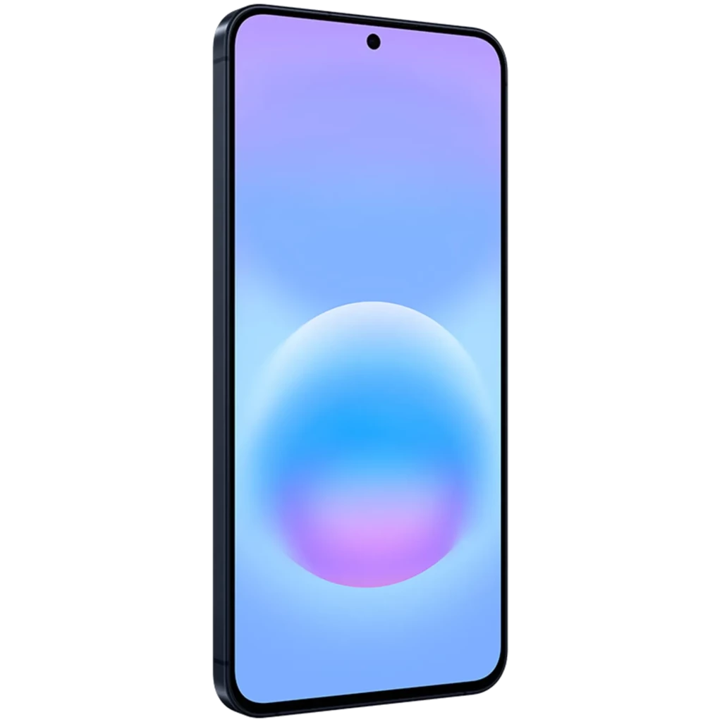 Samsung Galaxy A57 5G azul oscuro con pantalla Super AMOLED sin bordes, cámara frontal en perforación central y marco delgado