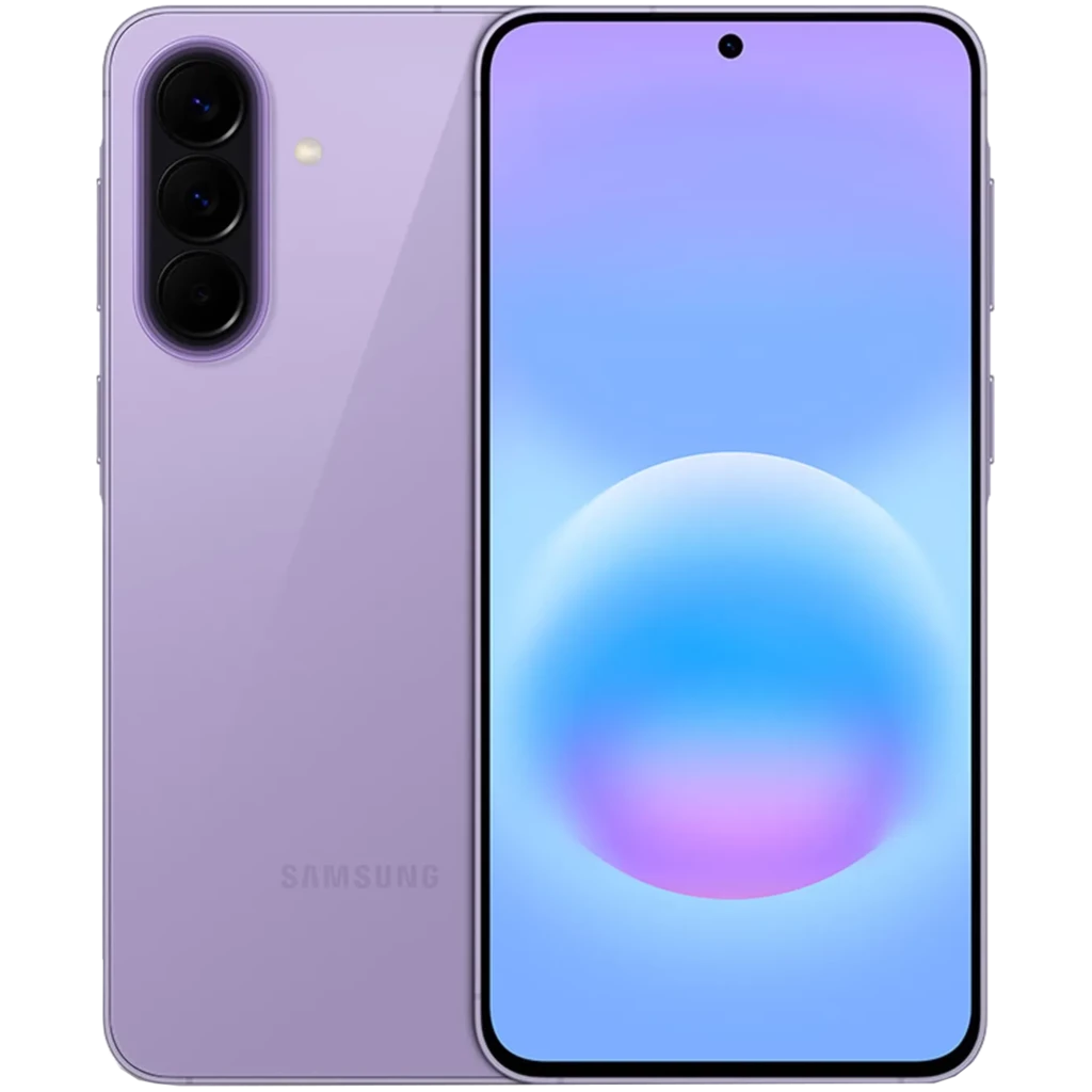 Samsung Galaxy A57 5G lila con pantalla sin bordes y cámara triple vertical; acabado mate, bordes curvos y orificio centrado
