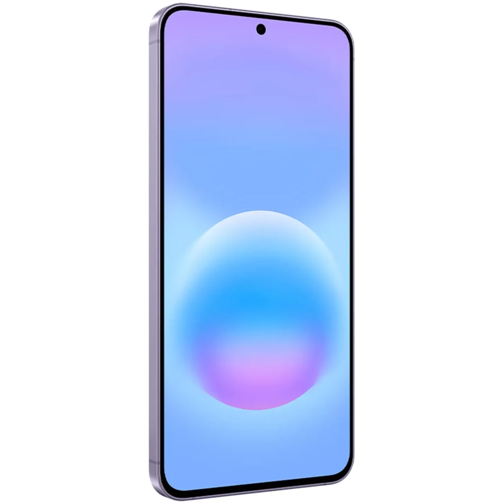 Smartphone lila con pantalla amplia casi sin bordes y cámara frontal centrada en orificio; bordes metálicos y diseño delgado