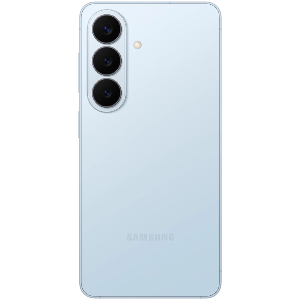 Samsung Galaxy S26 5G Azul Cielo con triple cámara trasera vertical, acabado mate, bordes redondeados y módulo de lentes