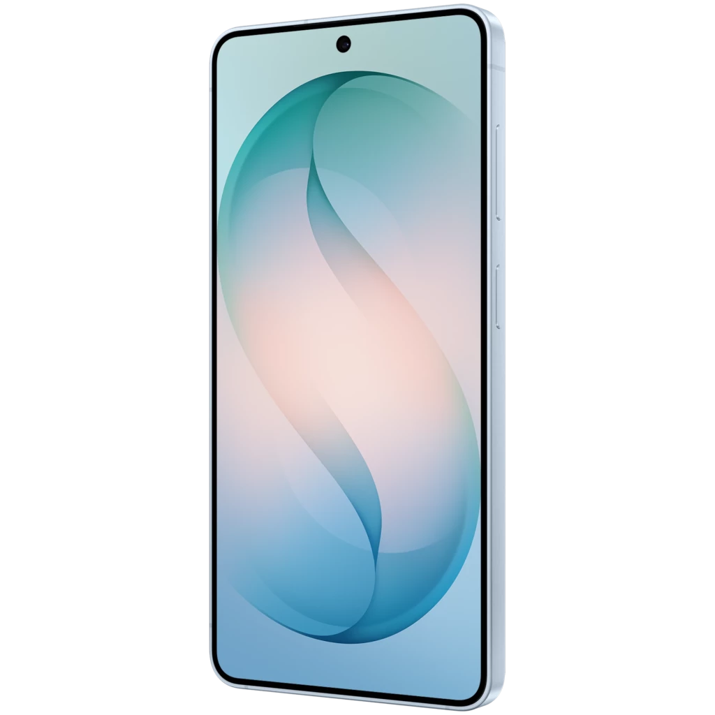 Samsung Galaxy S26 5G azul cielo con pantalla casi sin bordes, cámara frontal centrada y marco delgado; diseño elegante y