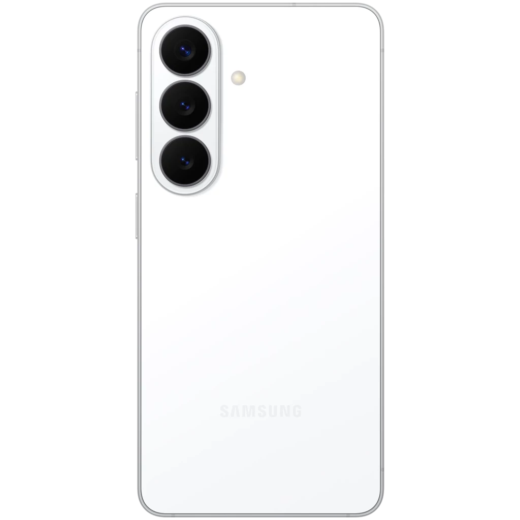 Samsung Galaxy S26 5G blanco con triple cámara trasera vertical, acabado brillante, bordes rectos plateados y módulo de