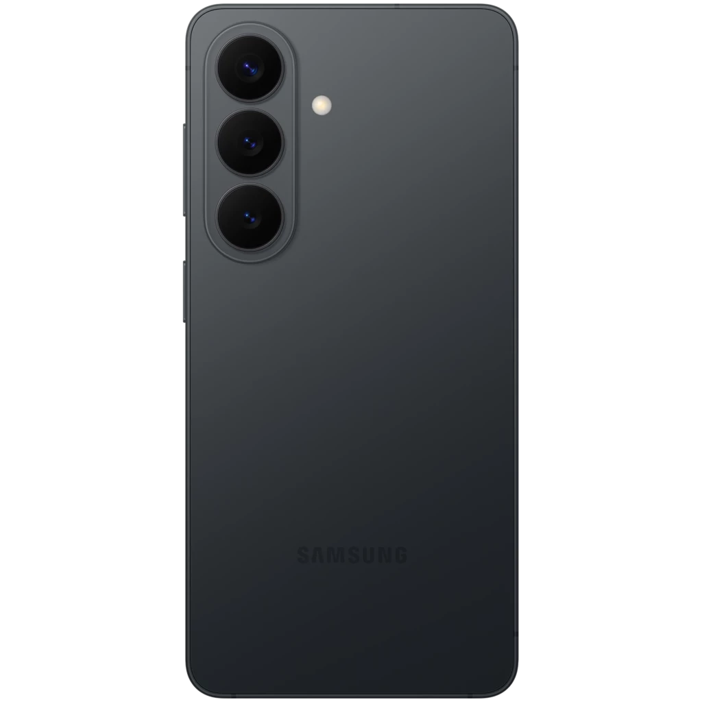 Parte trasera del Samsung Galaxy S26 5G negro con triple cámara vertical, lentes prominentes y flash LED, acabado mate y logo