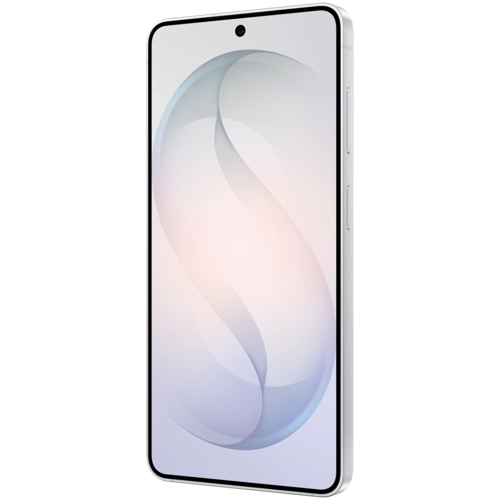Samsung Galaxy S26+ 5G blanco con pantalla Dynamic AMOLED casi sin bordes, cámara frontal en orificio central, botones