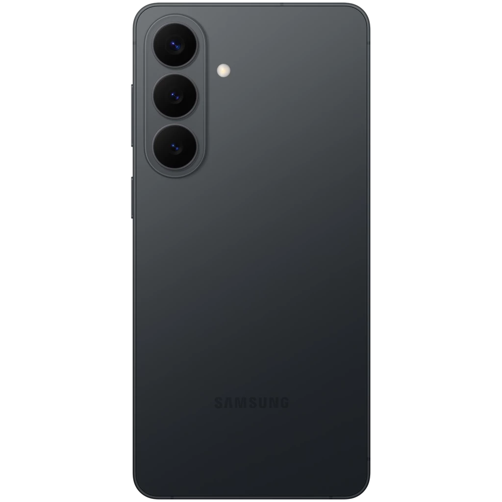 Parte trasera del Samsung Galaxy S26+ 5G negro con triple cámara vertical y acabado mate elegante; módulo alineado a la