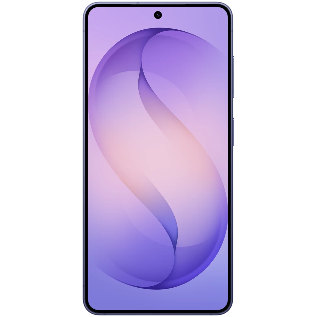 Frontal del Samsung Galaxy S26 5G violeta cobalto con pantalla completa sin bordes, cámara frontal en orificio central y