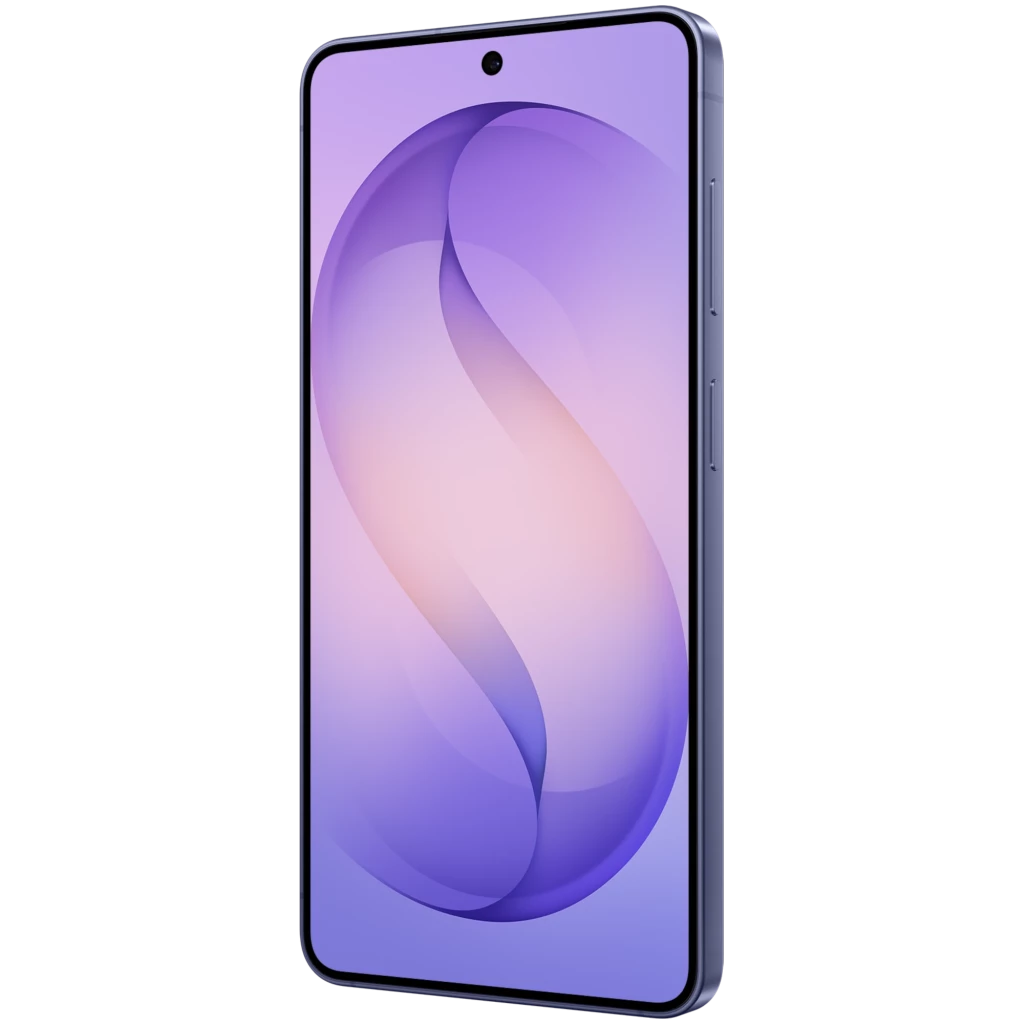 Smartphone violeta cobalto con pantalla casi sin bordes y cámara frontal en orificio central; laterales metálicos con botones