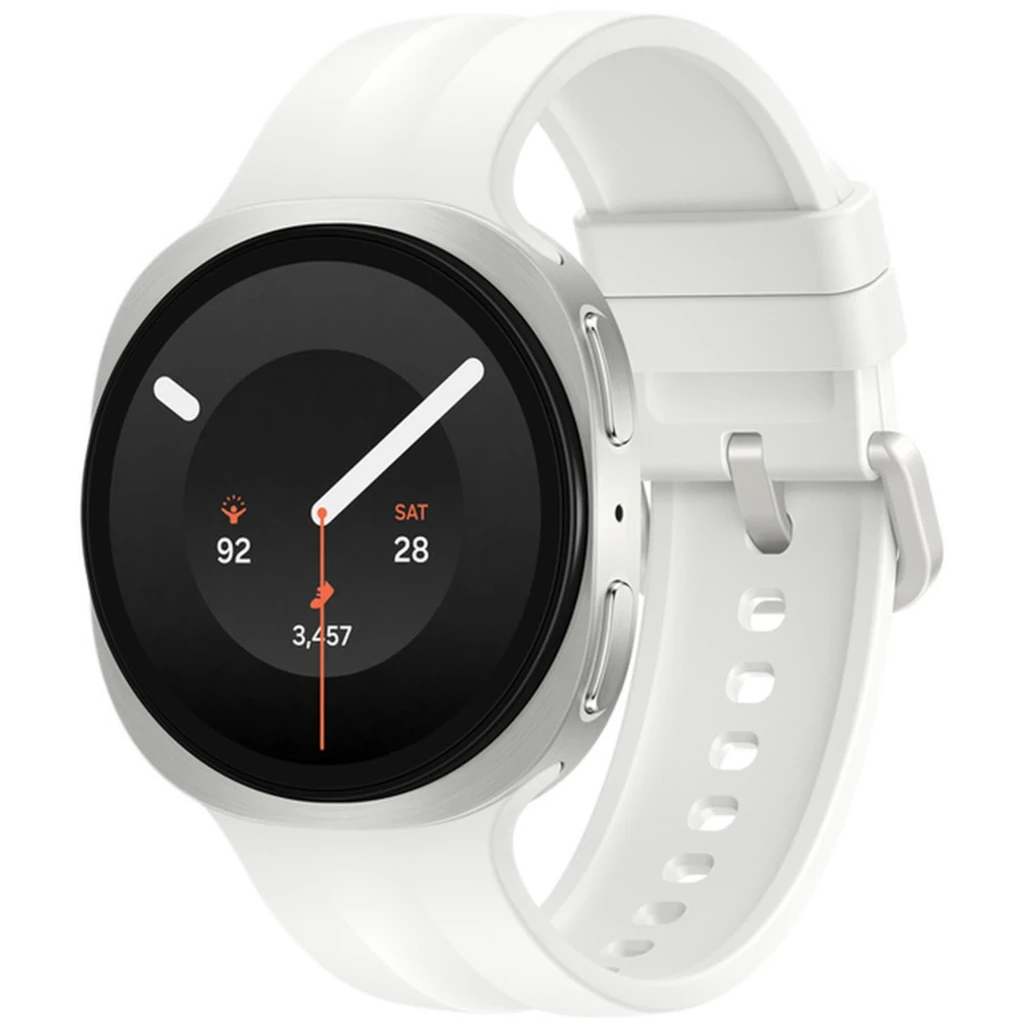 Samsung Galaxy Watch9 40mm plata con caja de aluminio plateada, bisel liso, dos botones laterales y correa de silicona blanca