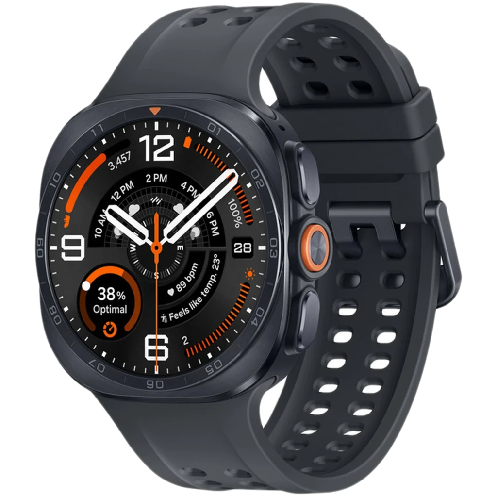 Samsung Galaxy Watch Ultra 2 47mm 4G en gris titanio con bisel robusto, dos botones laterales y correa deportiva perforada;