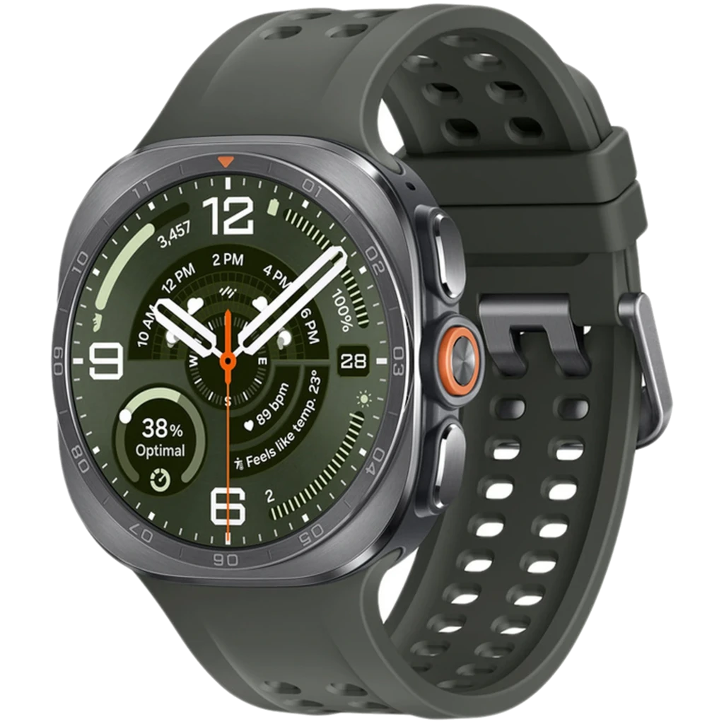 Samsung Galaxy Watch Ultra 2 47mm plateado con bisel robusto, pantalla verde con marcadores grandes, tres botones laterales y