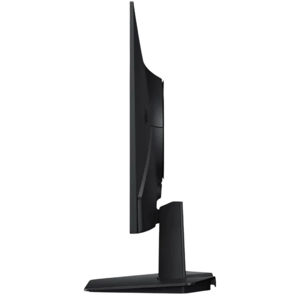 Perfil lateral del monitor gaming 27 pulgadas negro, diseño delgado con bisel mínimo, base robusta ajustable y puertos